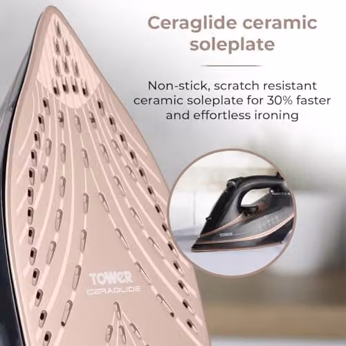 Tower Steam Iron with Ceramic Non-Stick Soleplate, Vertical Steam and Anti-Calc System, Black and Gold – 4