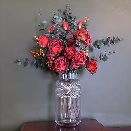 Leaf Design UK Mixed Floral Artificial Flower Display with Transparent Glass Vase in Red and Orange – 2