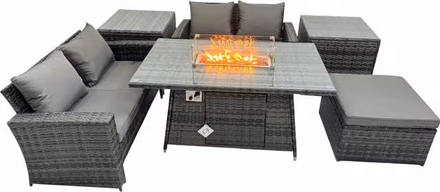 Fimous Outdoor Love Sofa Set in Dark Grey with 5 Seats, Gas Firepit Table, Large Stool and 2 Side Tables