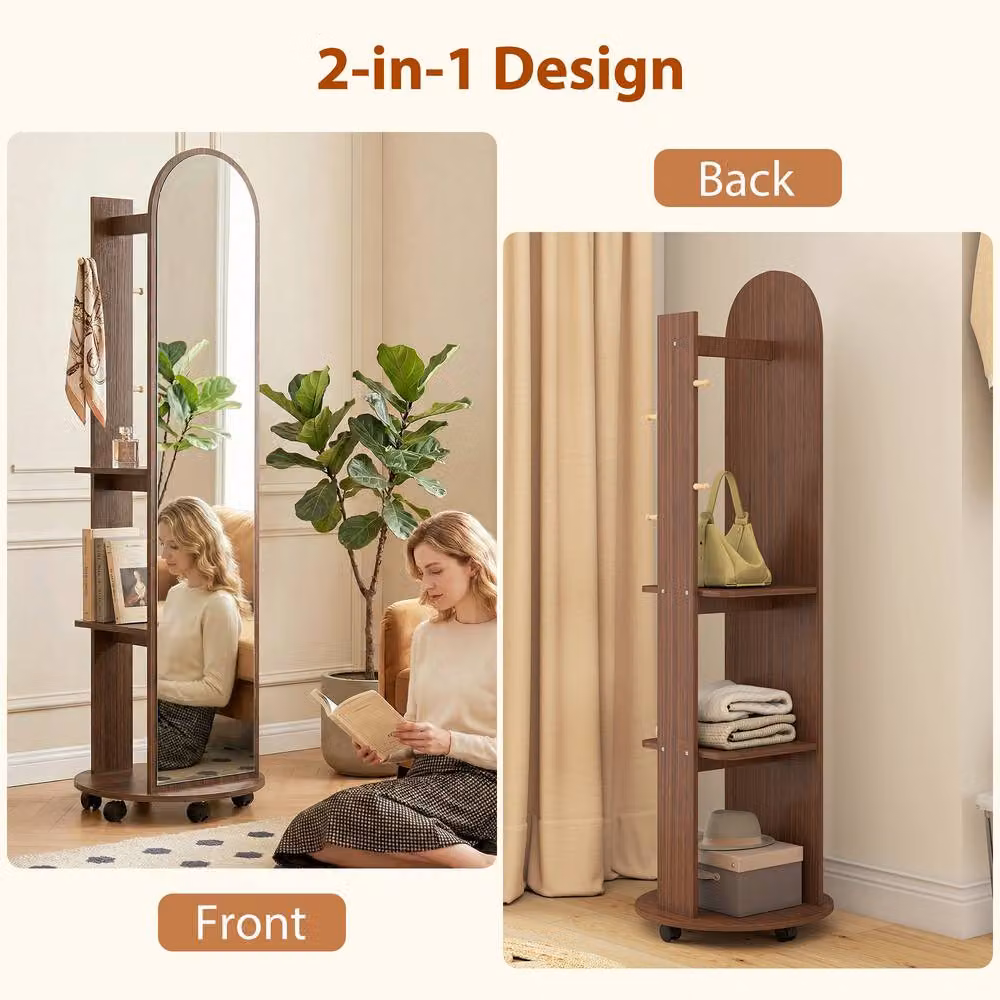 Rolipo 2-in-1 Full Length Mirror with Storage, Wheels and Coat Hooks in Brown – 5
