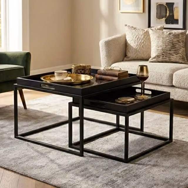 Orsina Set of 2 Modern Nesting Tables with Abstract Art Tempered Glass Tops and Removable Tray Feature in Black, Gold and Multicolour – 1