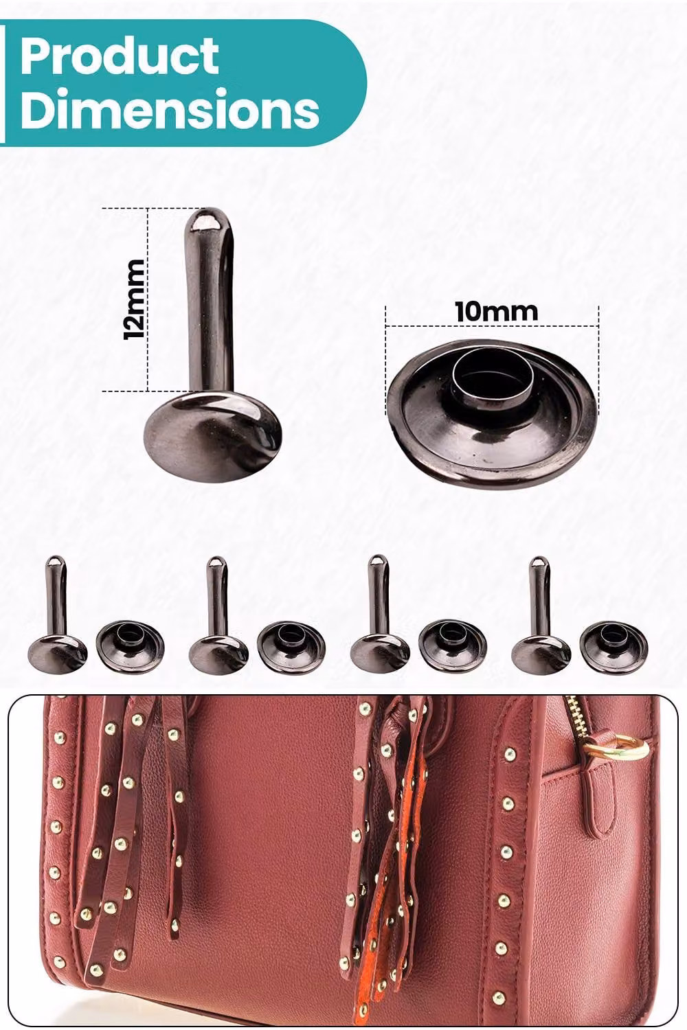 Neel Blue Extra Long Double Cap Studs, Dark Grey Brass Tubular Rivets, 50pcs, W: 12 mm, D: 10 mm – 2