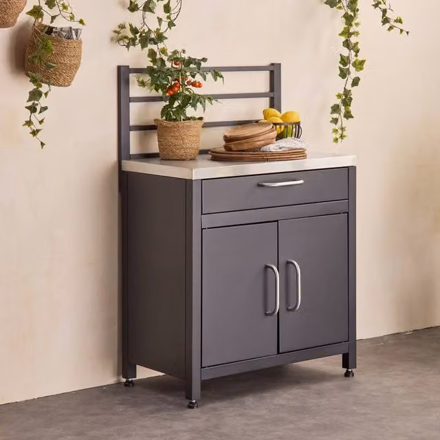 Sweekeet Stainless Steel Outdoor Kitchen Storage Module with 1 Drawer and 2 Doors and Hanging Grid, Black, W/D/H: 123 x 54 x 80 cm – 1