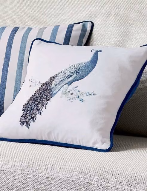 Laura Ashley Pure Cotton Peacock Beaded Square Cushion in Blue Mix