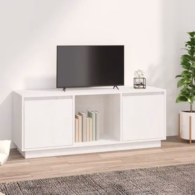 Berkfield Home Modern White Solid Pine Wood TV Cabinet W: 110.5 cm, D: 35 cm, H: 44 cm – 1