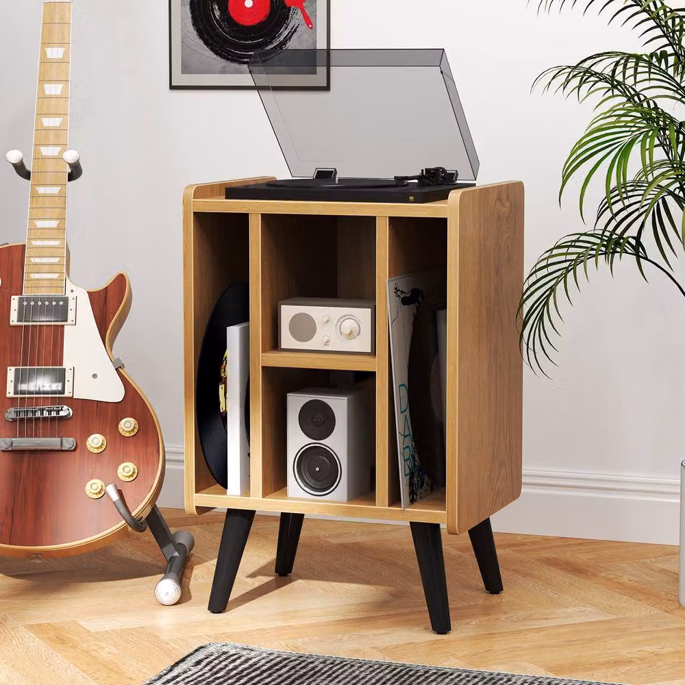 Gymax Raised Record Player Stand with Charging Station in Light Oak – 3