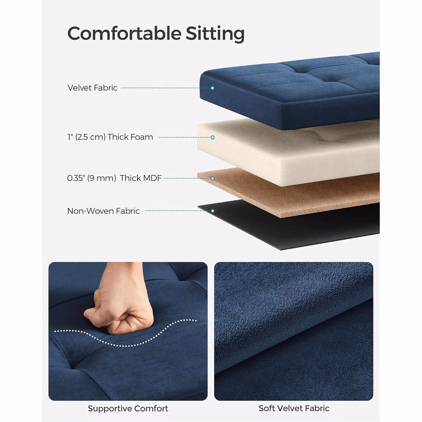SONGMICS Extra Large Foldable Storage Ottoman Cube Heavy Duty Velvet Bench in Blue – 3