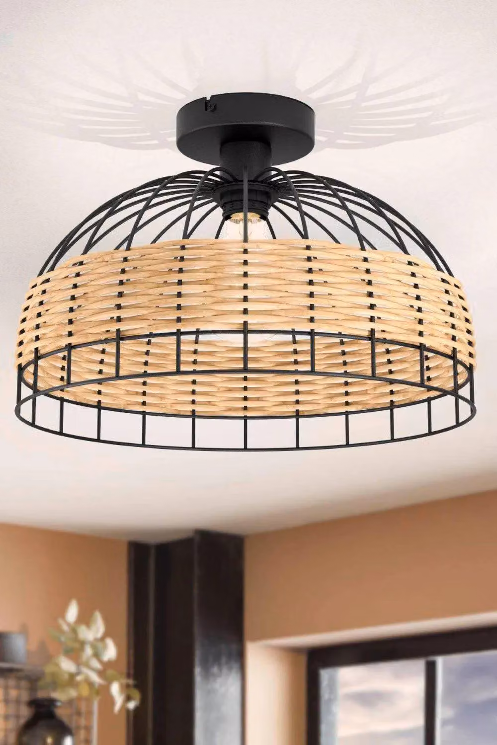 Eglo Anwick Round Rattan and Metal Flush Ceiling Light in Black and Brown – 2