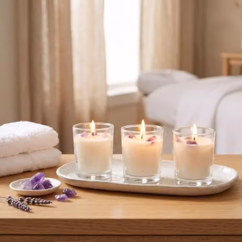 Homescapes Purple Crystal Scented Candle Gift Set of 3 with Natural Gemstones – 3