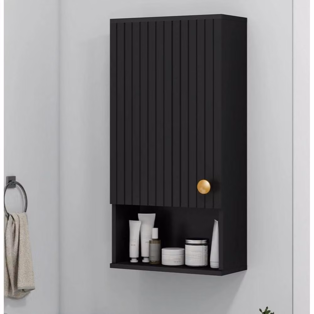 KORVIXA Modern Black Wooden Wall Mounted Bathroom Cabinet with Internal Shelves and Open Shelf, W: 60 cm, H: 60 cm, D: 60 cm – 3
