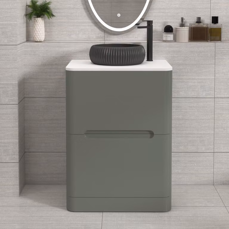Royal Bathrooms Venice 600mm Sage Green Floor Standing Vanity Unit with 2 Drawers, Plain White Worktop and Milan Black Basin