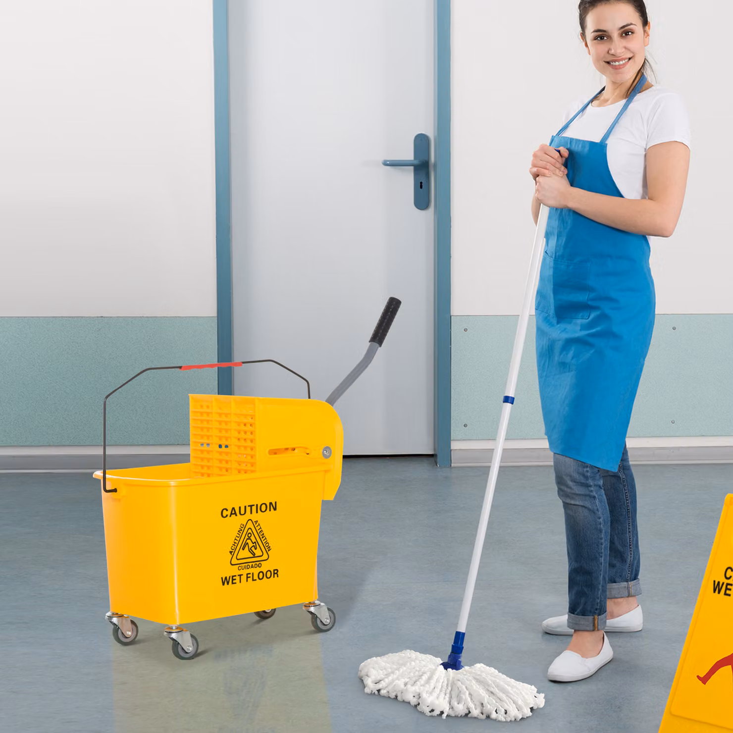 HOMCOM Como Mini Press Mop Bucket with Wringer, 20L, Yellow – 3