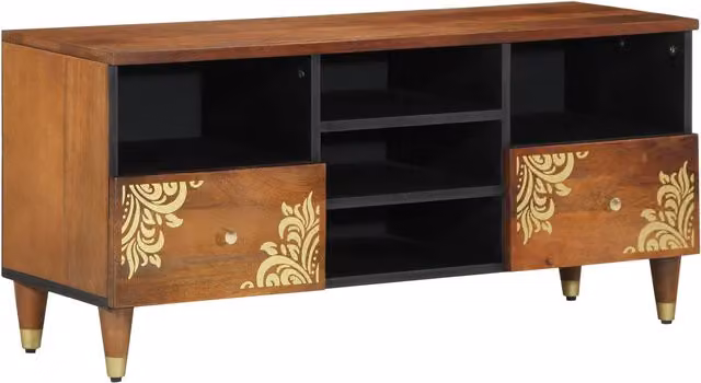 Berkfield Home Modern Mango Wood TV Cabinet in Brown and Gold, W/D/H: 100 x 33 x 46 cm