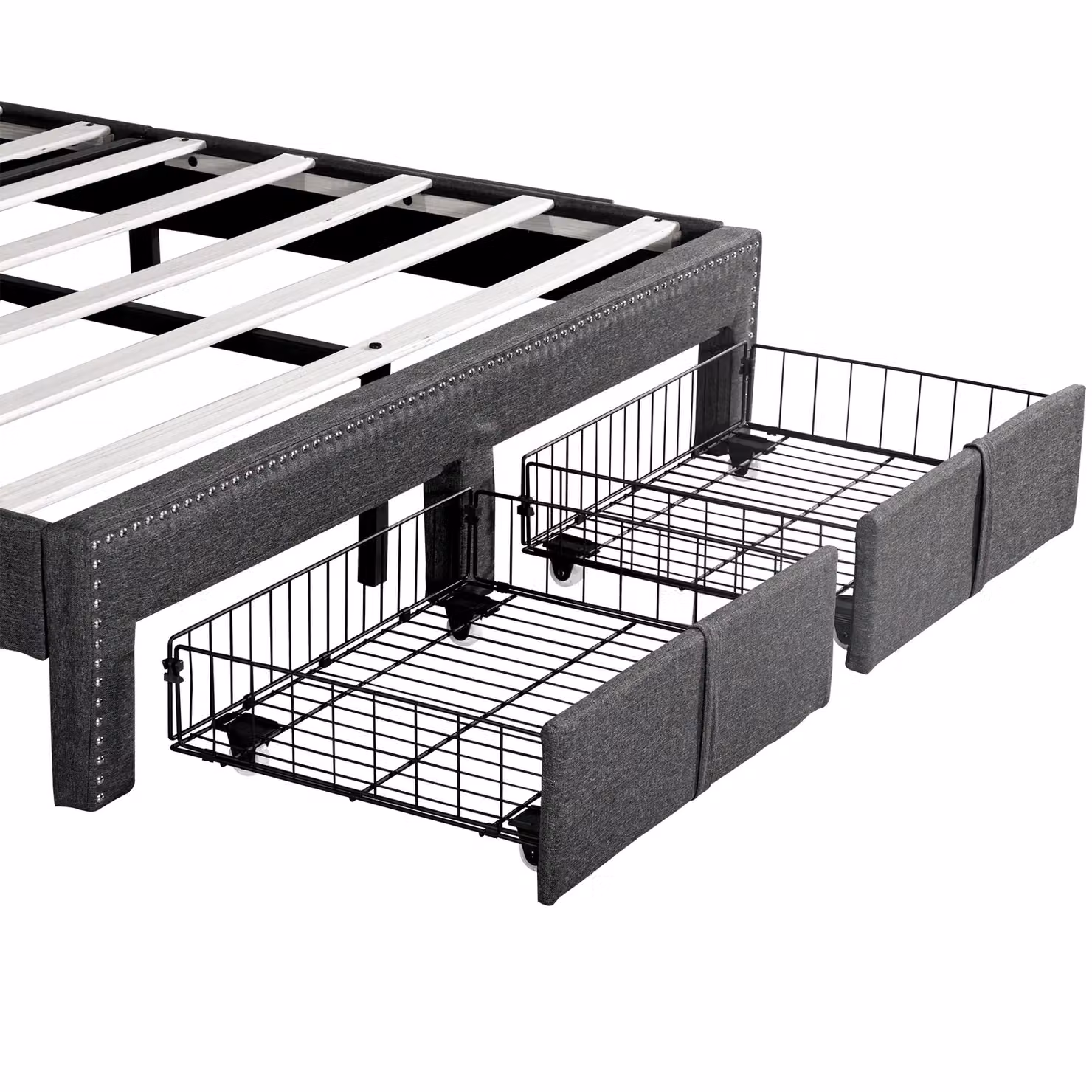 AKA Double Upholstered Bed in Grey with 2 Storage Drawers, Bedside Shelf and USB Charging Port, W/D/H: 140 x 200 cm – 6