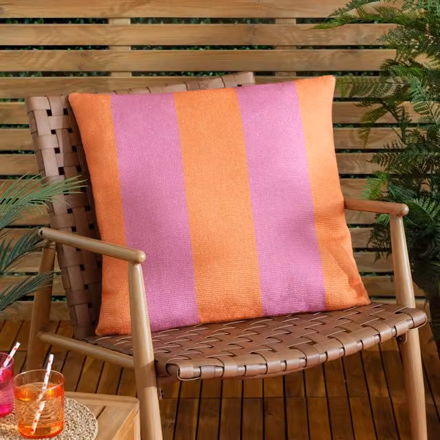 Furn Deck Stripe Woven Outdoor Square Filled Cushion in Orange and Pink, 59 x 59 cm