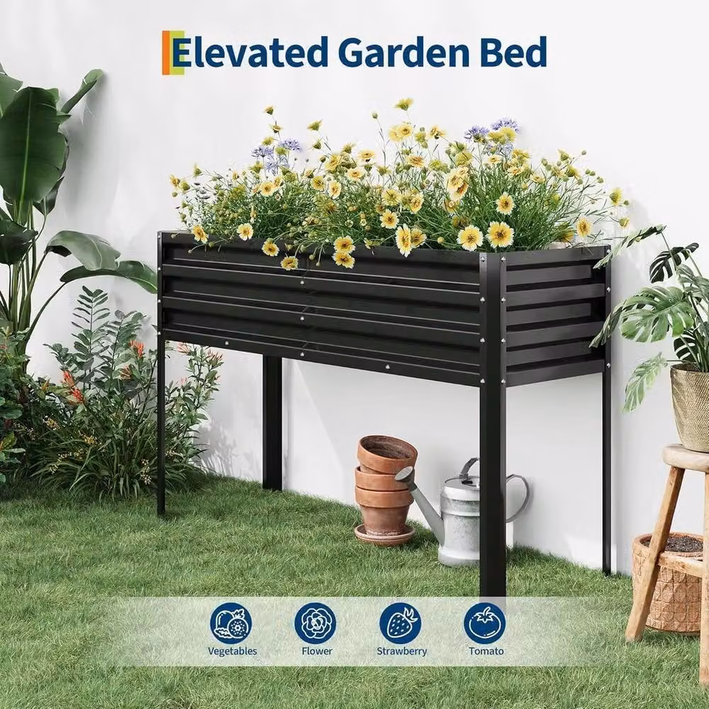 VOGREX Black Steel Raised Garden Bed Elevated Planter Box – 3