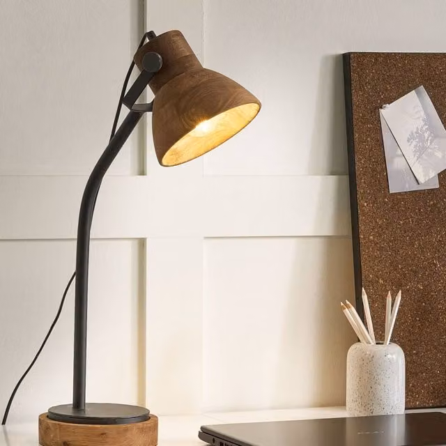 Wyld and Coco Adjustable Dark Mango Wood Desk Lamp with Black Iron Base in Brown and Black