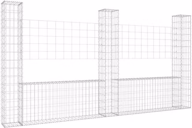 Berkfield Home Silver Iron U-shape Gabion Basket with 3 Posts, W/D/H: 260 x 20 x 150 cm