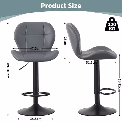 mcc direct Stella Set of 2 Grey Faux Leather Swivel Bar Stools with Backrest and Footrest – 3