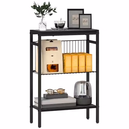HOMCOM Industrial Side Table with 3-Tier Storage, Black