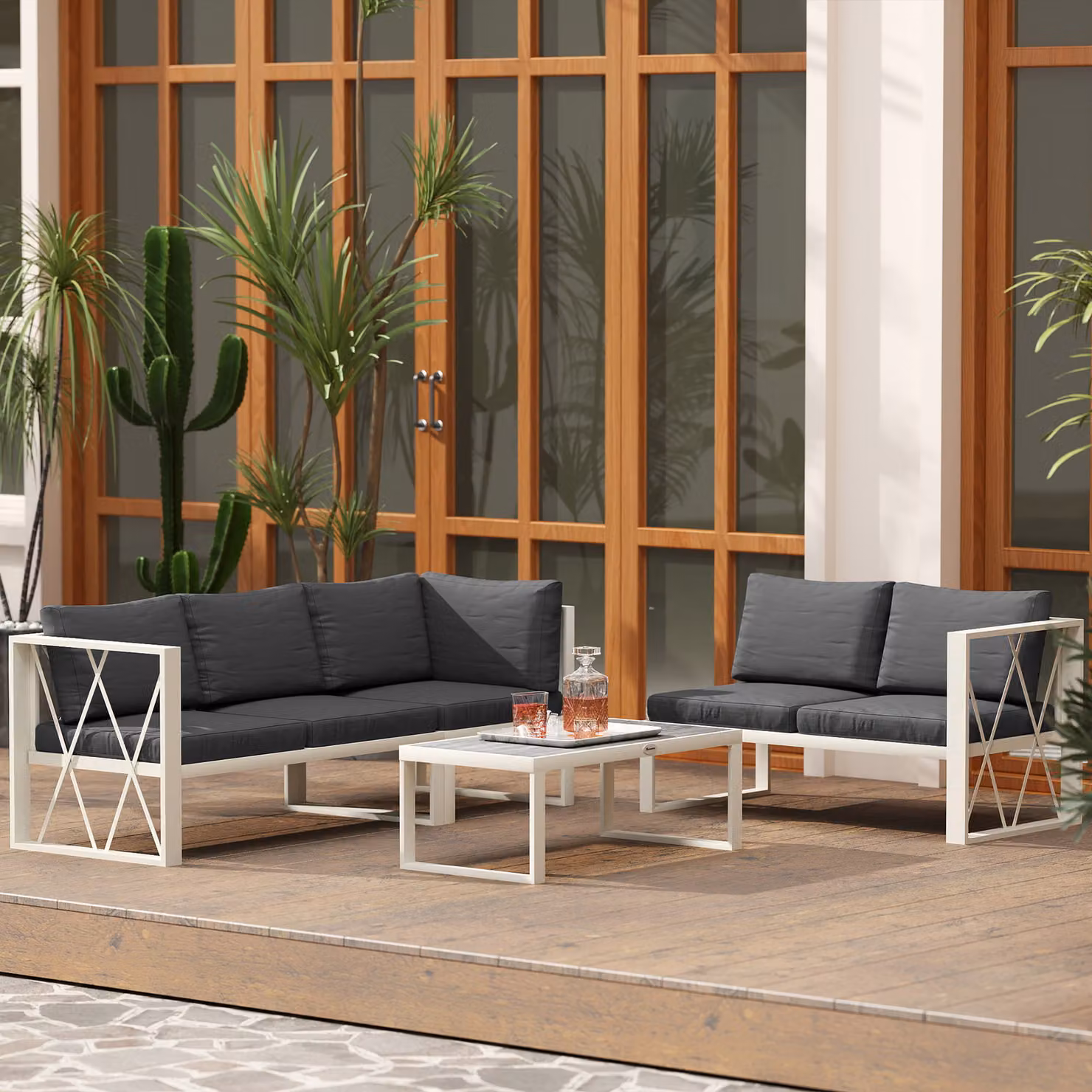 Outsunny 4-Piece L-Shaped Garden Corner Sofa Set with 5-Level Adjustable Lounger and Coffee Table in Grey – 6