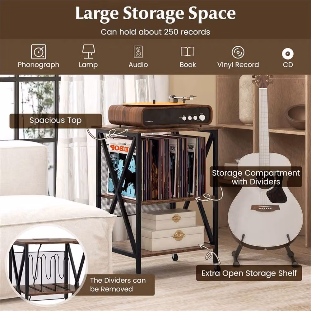 KORVIXA Brown Record Player Stand with Media Compartments, W/D/H: 100 x 100 x 75 cm – 4
