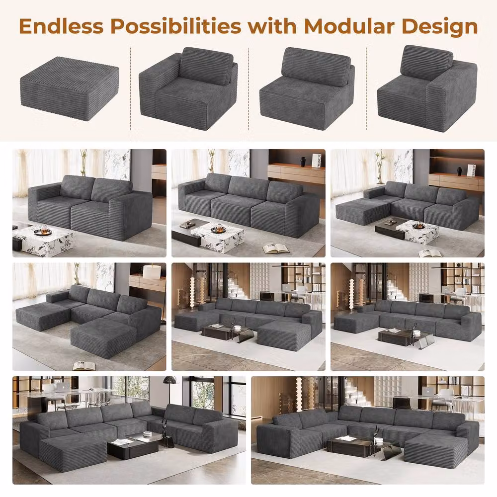 Dprodo Grey Corduroy Modular U-Shape Sofa with Matching Ottoman and Removable Covers – 3