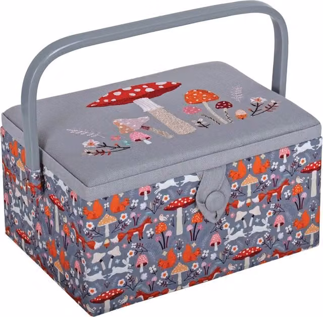HG Sewing Box with Embroidered Woodland Toadstool Lid in White and Grey