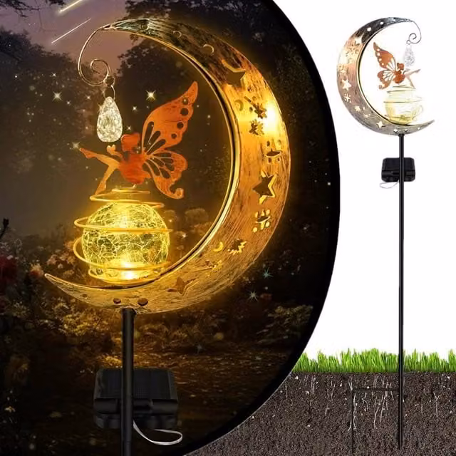 SPETLEK Fairy Garden LED Solar Moon Stake Lights in Yellow with Dusk Sensor and Ground Spike – 1