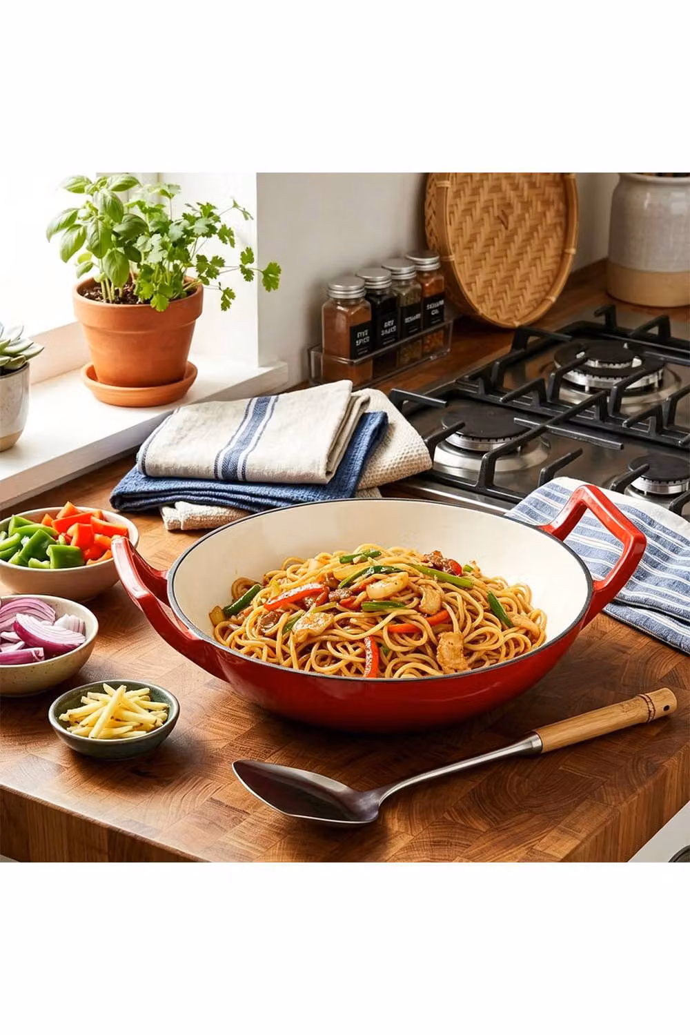 Living and Home Enamelled Cast Iron Stir-Fry Wok, Red, Depth: 30 cm – 6