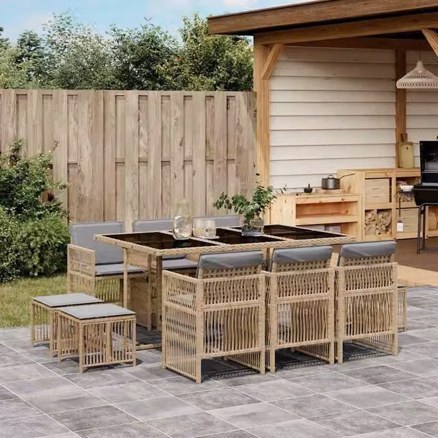 Berkfield Home 11 Piece Extendable Garden Dining Set with Beige Cushions and Glass Top in Mixed Poly Rattan – 1