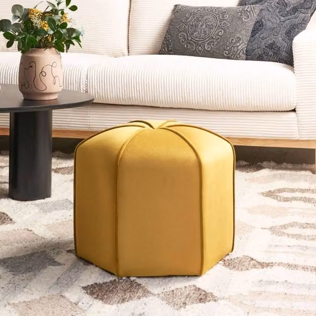 Wyld and Coco Yellow Velvet Cylindrical Pouffe, Diameter: 45 cm, Height: 40 cm – 1