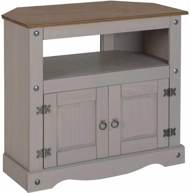 PAWNORA Grey Rustic Pine and Metal Corner TV Unit – 1