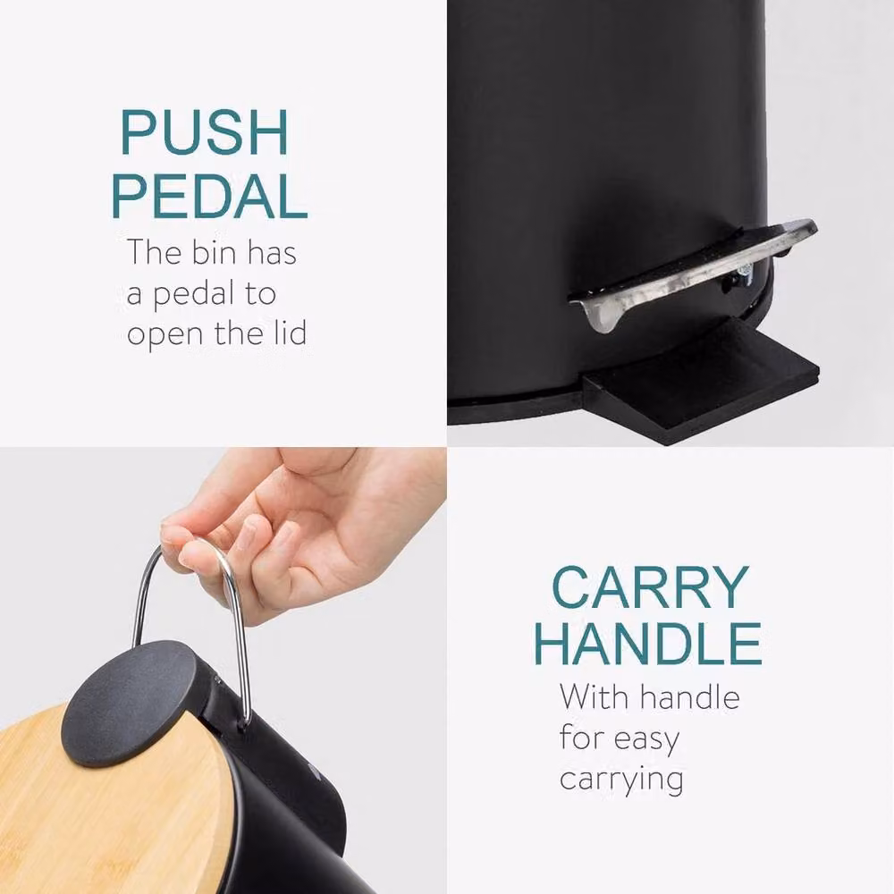 EONLION 5 Litre Black Stainless Steel Pedal Bin with Wooden Lid – 4