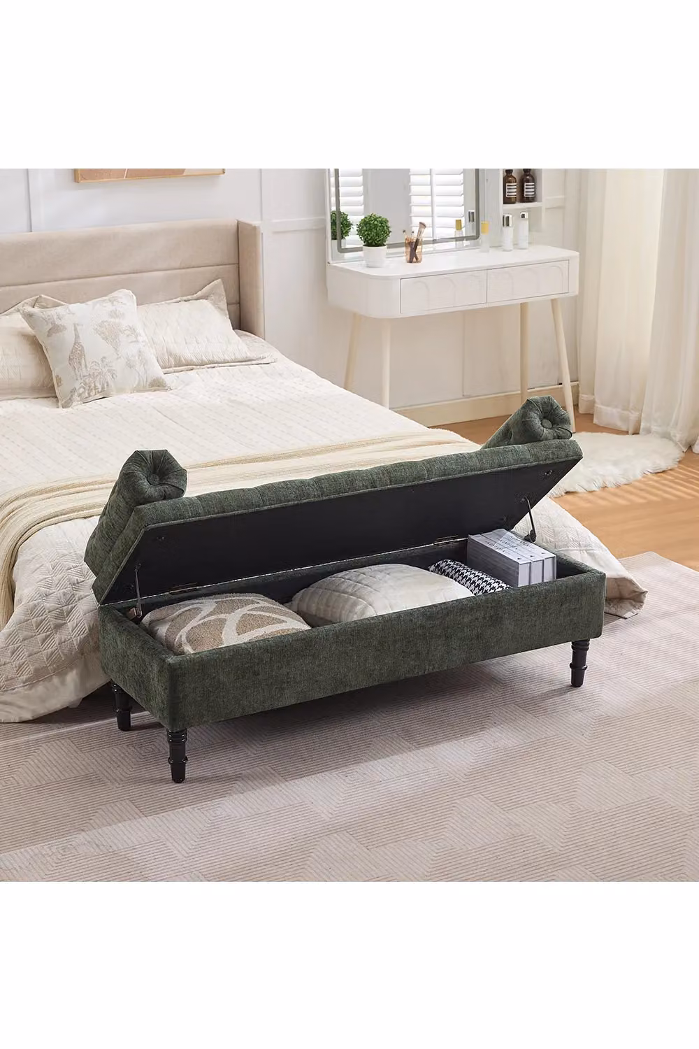 Living and Home Green Chenille Upholstered Chesterfield Storage Bench – 2