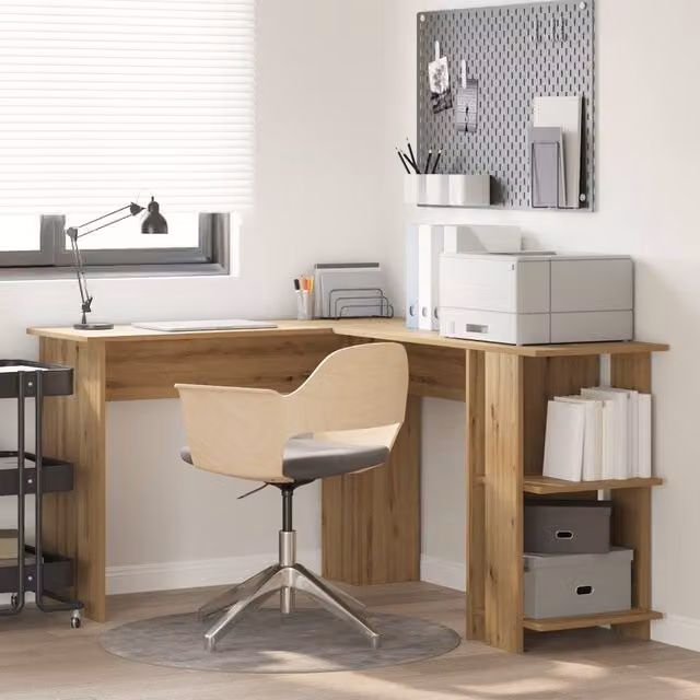 Berkfield Home Corner Desk with Storage in Artisan Oak Brown, W: 140 cm, D: 113.5 cm, H: 75 cm