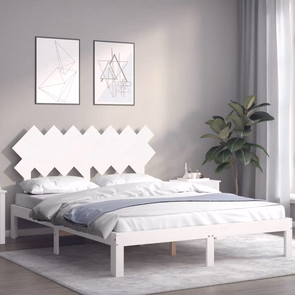 Berkfield Home Solid Wood Bed Frame with Headboard in White, W/D/H: 140 x 200 cm – 2