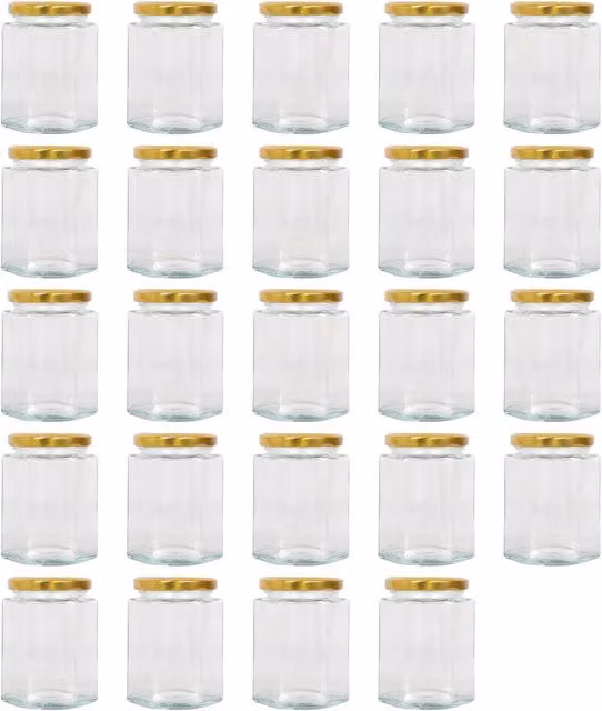 Argon Tableware Hexagonal Glass Jam Jars with Gold Screw-Top Metal Lids, 250ml, Pack of 24