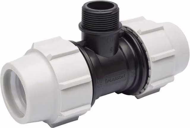 Plasson Grey Tee Male Offtake 32mm x 1" x 32mm PE Pipe Connection