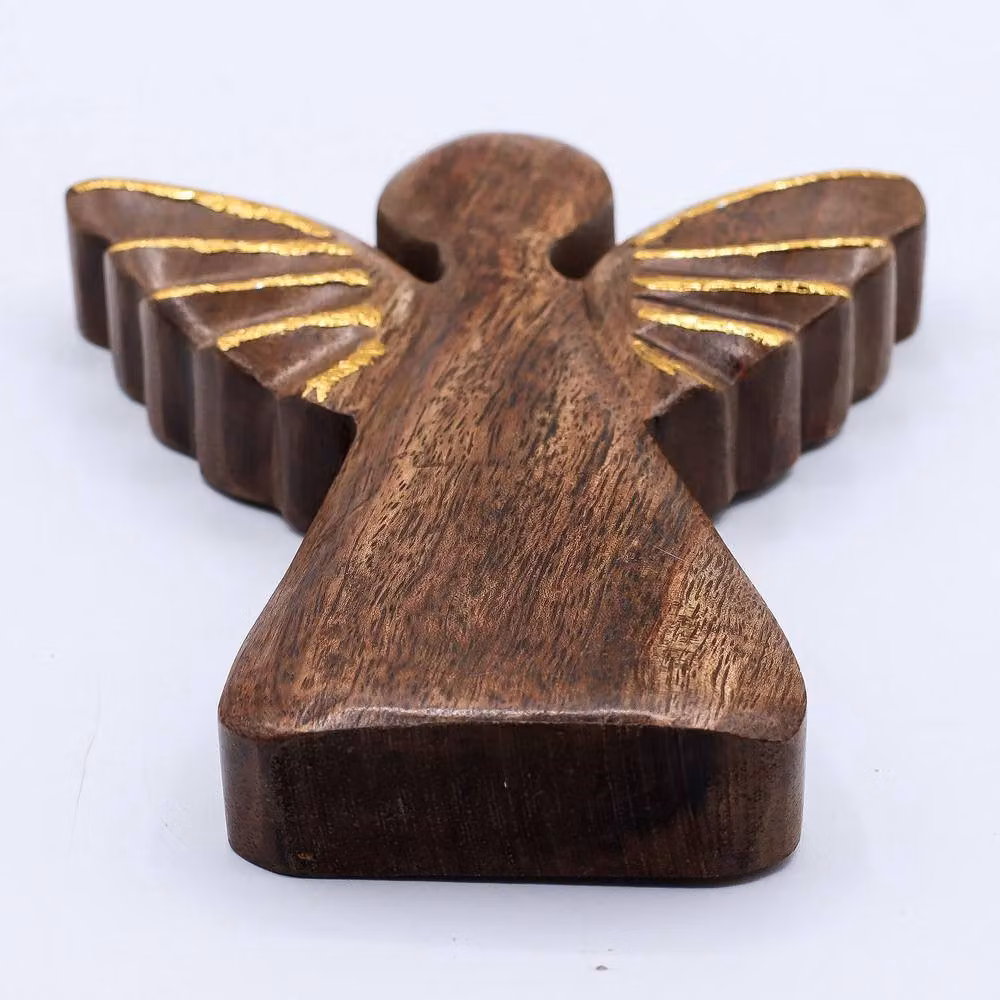 Serenityy Hand-Carved Mango Wood Angel Ornament in Brown and Gold, H 19 cm x W 2 cm x D 1 cm – 2