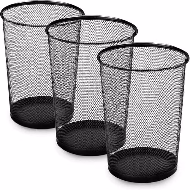 Keplin 3-Pack Round Metal Mesh Waste Paper Bins in Black and Silver