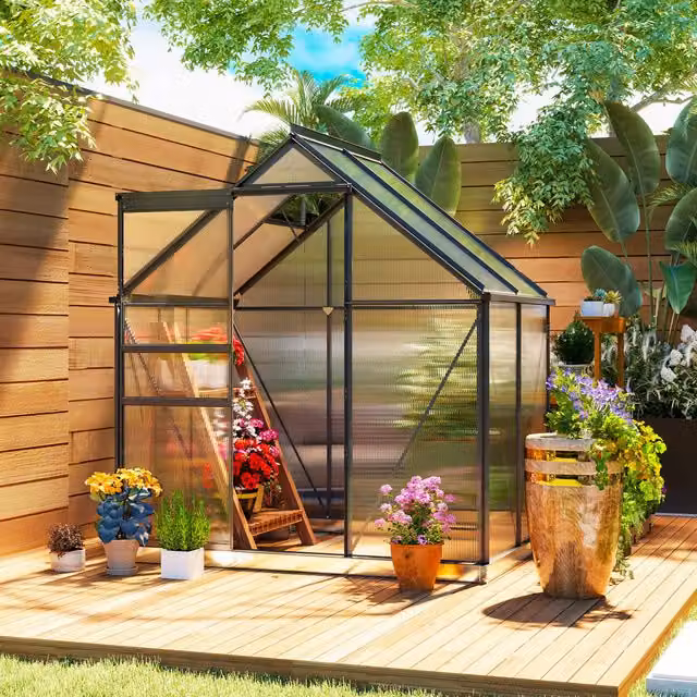 Outsunny Modern Grey Polycarbonate Greenhouse with Sliding Windows and Gable Roof