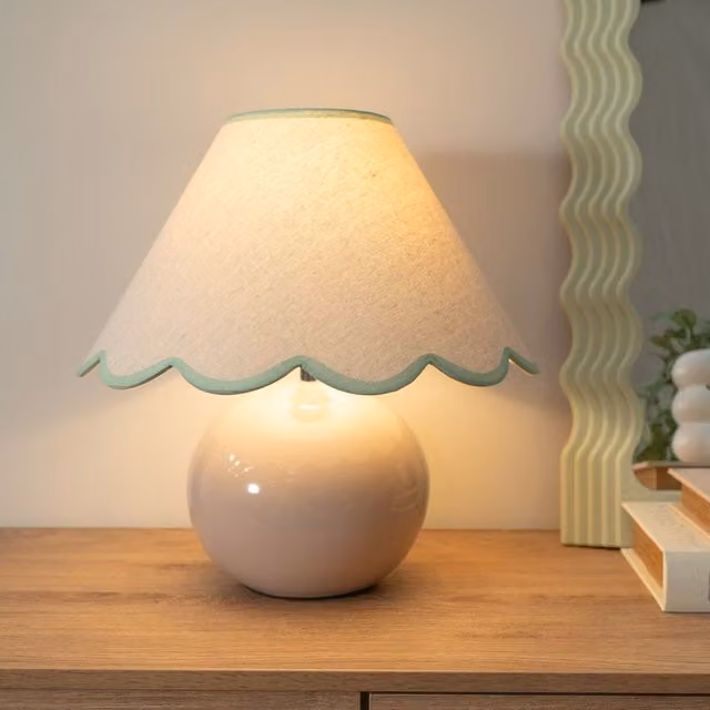 ValueLights Bosco Ceramic Sphere Table Lamp with Green Fabric Scalloped Shade – 1
