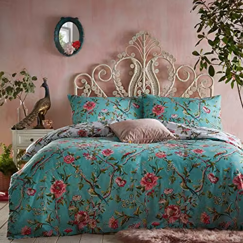 Riva Home Vintage Chinoiserie Floral Reversible Duvet Cover and Pillowcase Set in Green, W/D/H: 200 x 200 x 50 cm (Pillowcase: 50 x 75 cm)