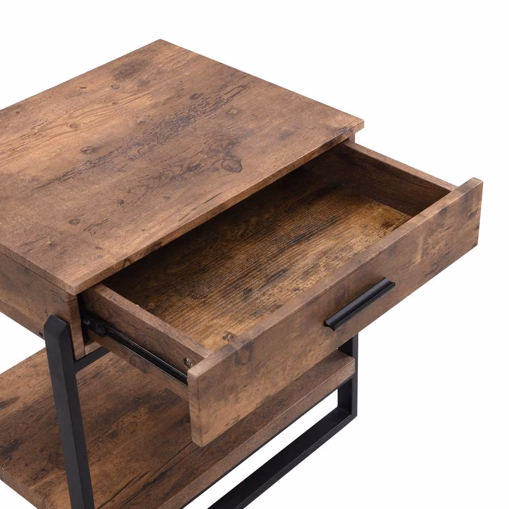 Mona Vale Furniture Rustic Industrial Nightstand with Drawer and Open Shelf in Brown – 5