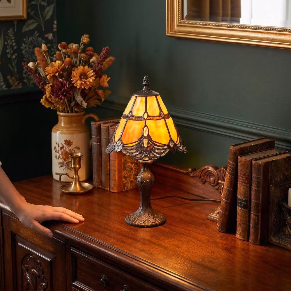 Happy Homewares Quirky and Petite Orange Stained Glass Tiffany Table Lamp with Bronze Base – 3