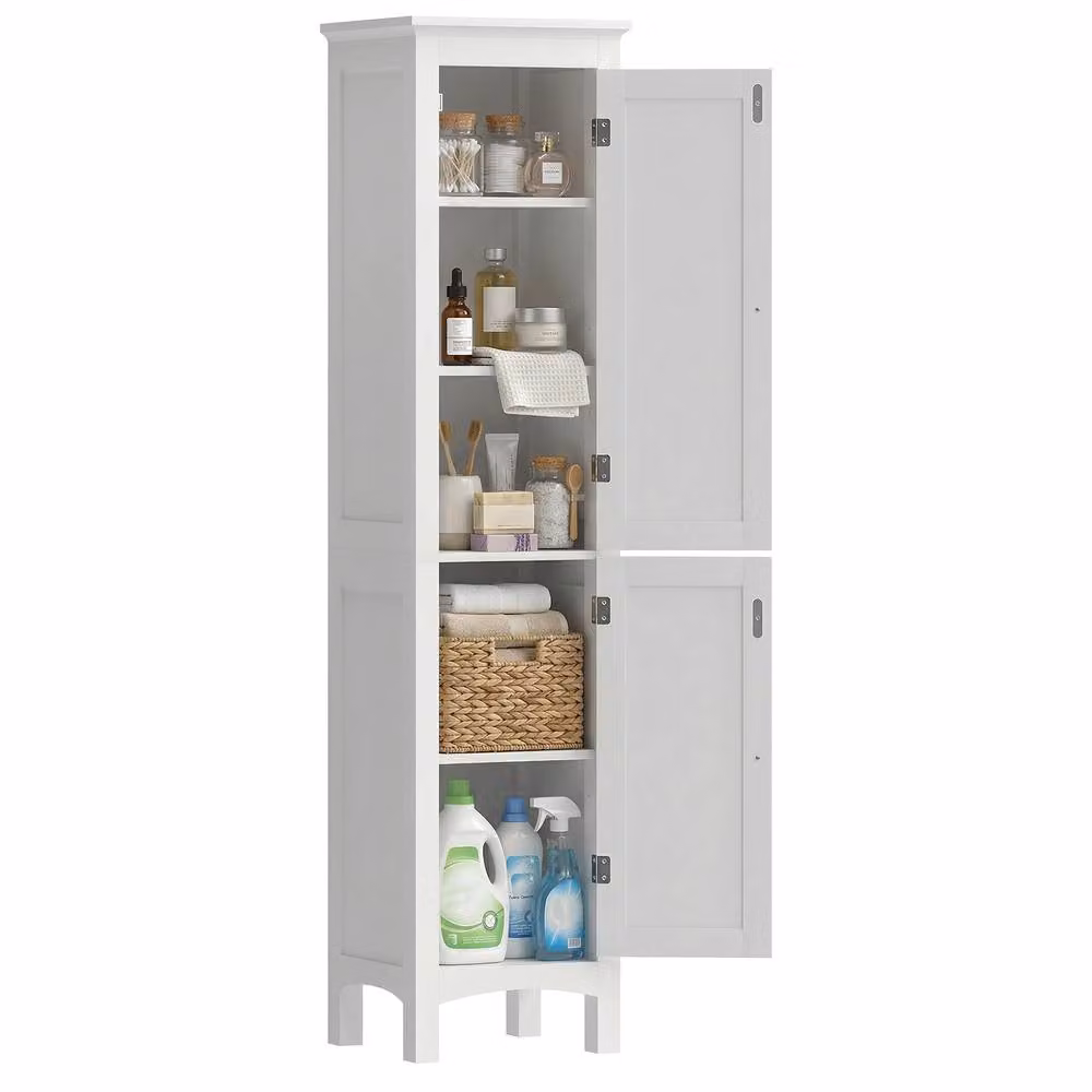 STILVORA 5 Tier White Bathroom Storage Cabinet with Hinged Double Doors and Internal Shelves – 2