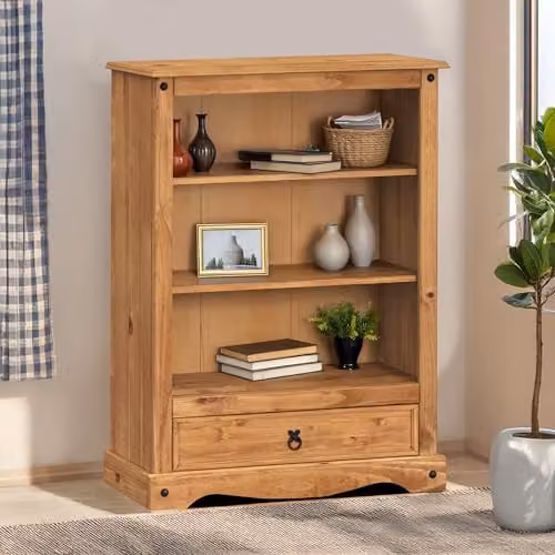 Mercers Furniture Corona 1 Drawer Bookcase in Rustic Waxed Pine, H 110 cm x W 81 cm x D 30 cm – 1