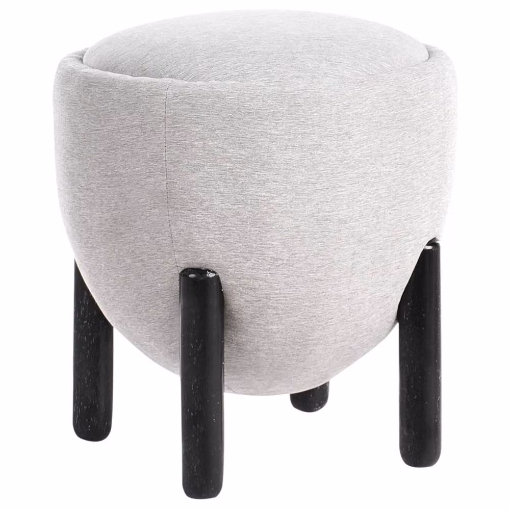 Wyld and Coco Pouffe Round Grey Faux Linen Footstool with Rubberwood Legs – 2