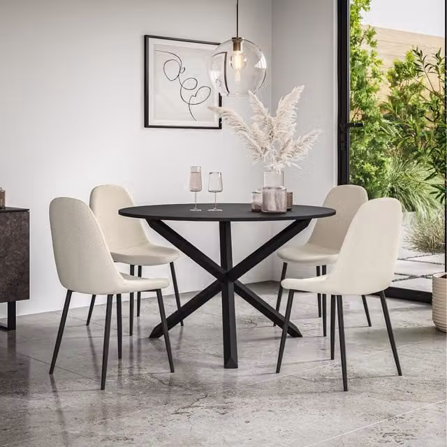 More4Homes Malvern Round Black Dining Table Set with Black Oak Legs and 4 White Maya Boucle Chairs